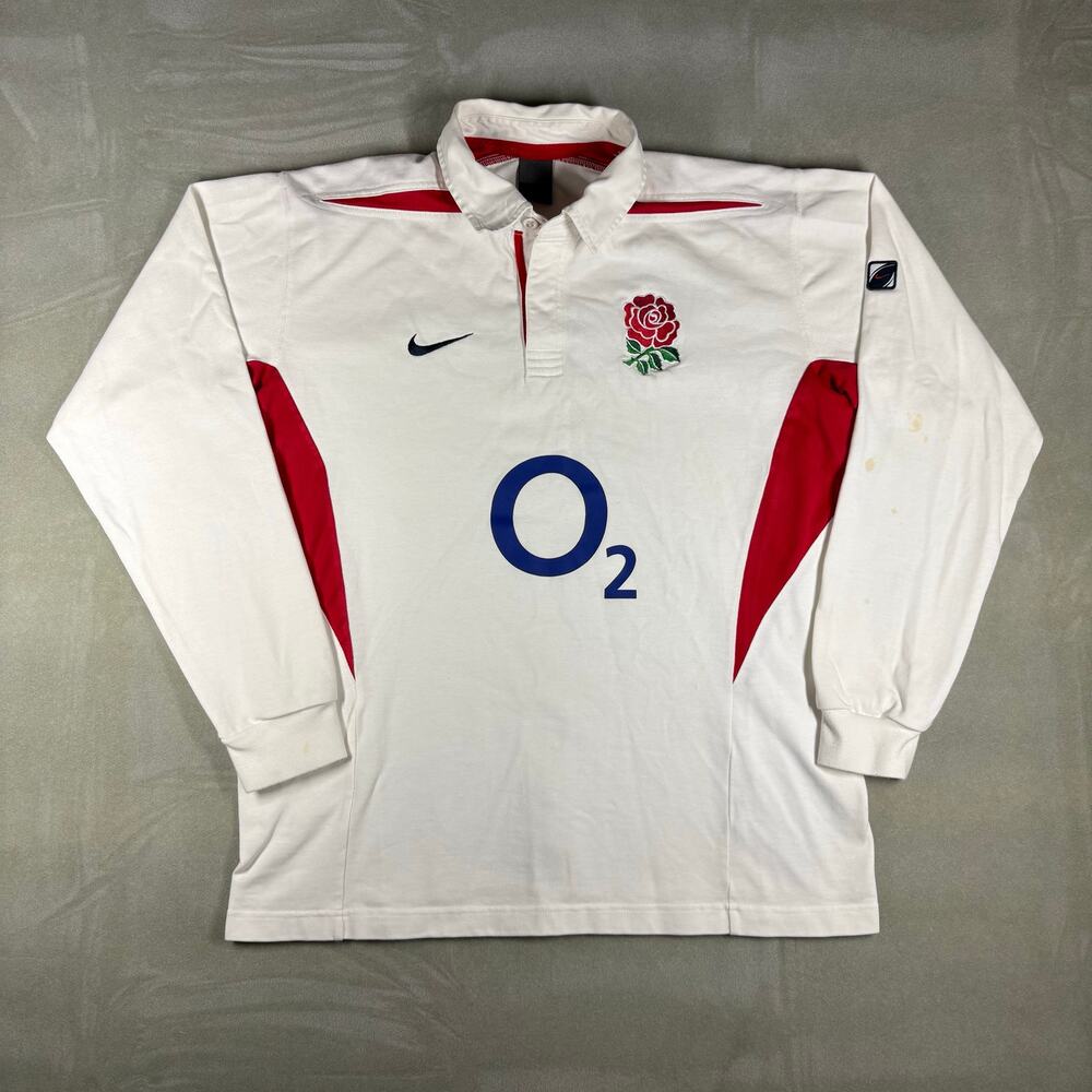 Nike England Rugby Union O2‎ Long Sleeve Polo Jersey Shirt Mens XL White Red